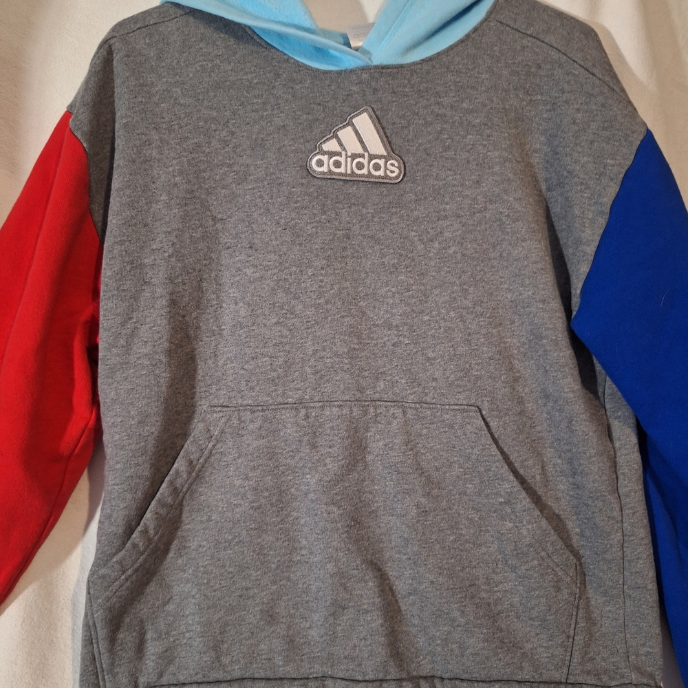 Adidas Kids' Gray Hoodie with Red and Blue Sleeves